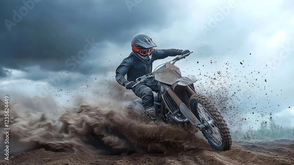 Fototapeta Motocross Rider in Dramatic Dusty Landscape: A Powerful Action Image