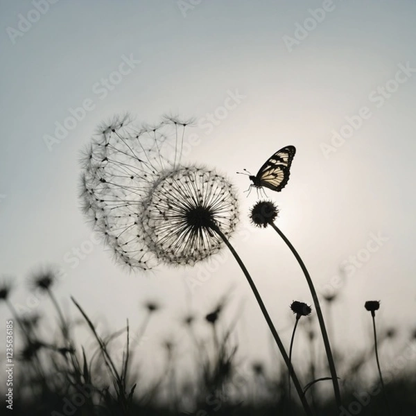 Fototapeta A silhouette of a butterfly landing on a dandelion seed head, both in black against a stark white background.