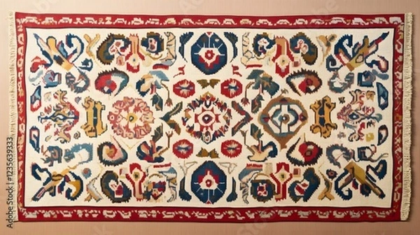 Obraz Intricate patterned rug, vibrant colors, geometric and floral motifs, handwoven textile, ethnic design, home decor