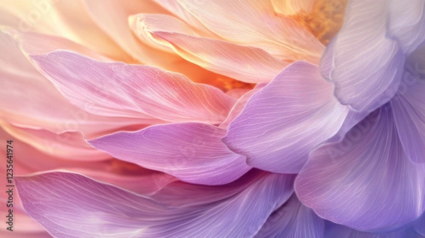 Fototapeta A macro shot of a radiant lotus flower, featuring gracefully layered petals transitioning from rich magenta to a soft lavender tone, a golden-yellow core