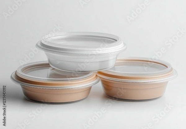 Fototapeta Three small, round plastic containers with clear lids, two beige and one white, are stacked on a white background. The containers appear to be for