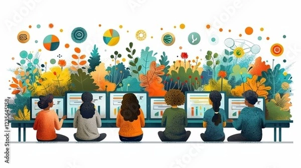 Fototapeta flat design, illustration, The Virtual Campus Students navigate online learning. Illustration: Virtual classrooms, interactive dashboards