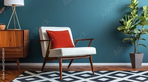 Fototapeta Cozy Mid-Century Modern Living Room with Stylish Accent Chair