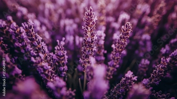 Obraz Close up view of vibrant purple lavender flowers in full bloom. The image features soft focus and warm lighting, creating a serene and calming