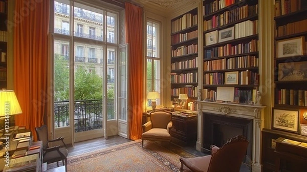 Fototapeta Parisian Apartment Library, Bookshelf, French Window, City View, Reading Room