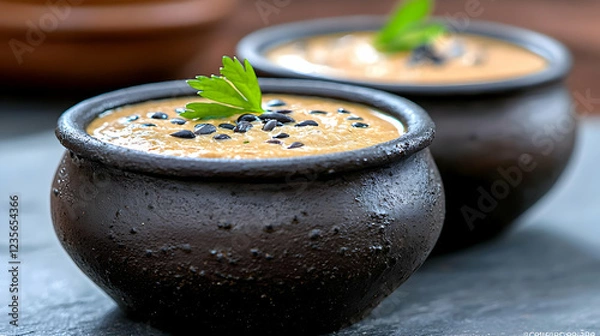 Fototapeta Creamy pumpkin soup in rustic bowls