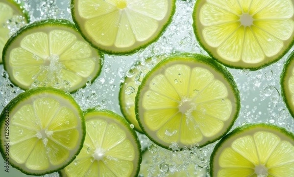 Fototapeta Fresh lime slices with sparkling water droplets