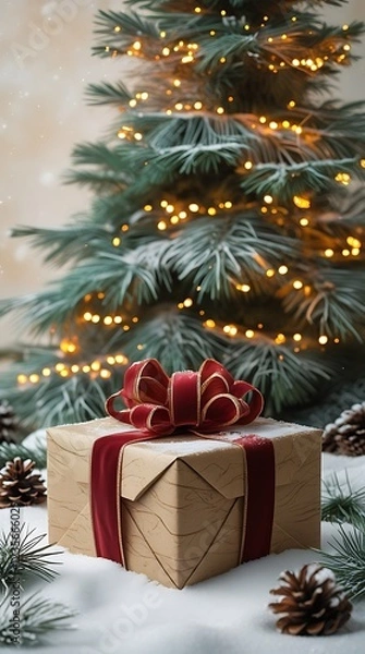 Fototapeta Elegant Christmas gift with a shiny red ribbon placed under a beautifully decorated tree with golden ornaments and warm fairy lights, evoking a festive holiday spirit
