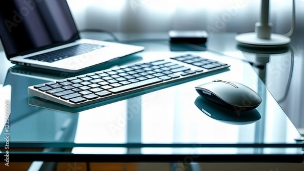 Fototapeta Minimalist Office Setup with Wireless Keyboard and Mouse on Glass Desk

