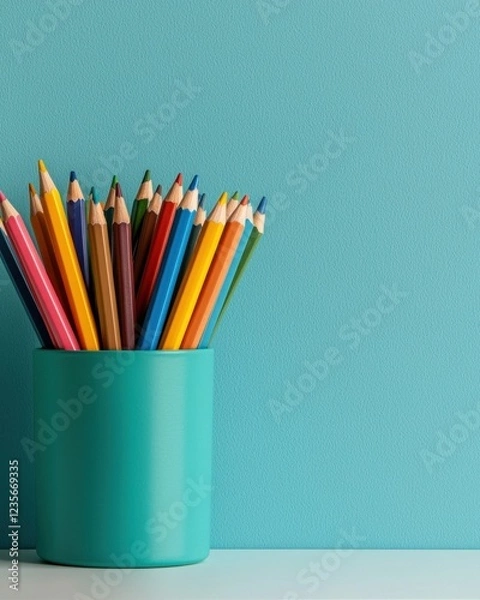 Fototapeta A vibrant assortment of colored pencils arranged in a turquoise cup against a matching turquoise background.