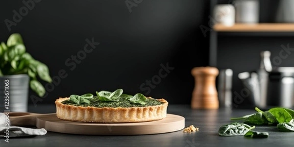 Fototapeta Spinach quiche on kitchen counter, dark background. Food blog, recipe.