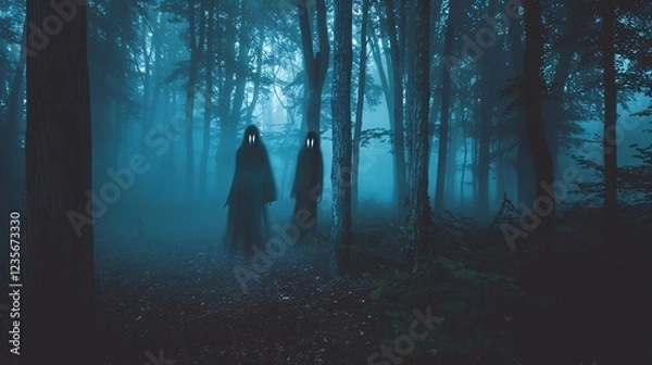 Fototapeta Haunted forest with ghostly apparitions