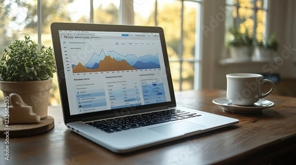 Fototapeta Laptop displaying analytical data on a wooden table near a window with greenery outside