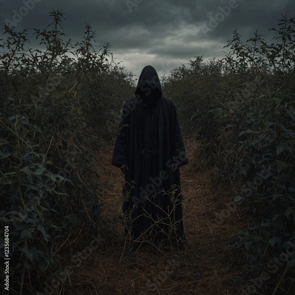 Obraz A dark figure standing amidst thorny bramble shadows.