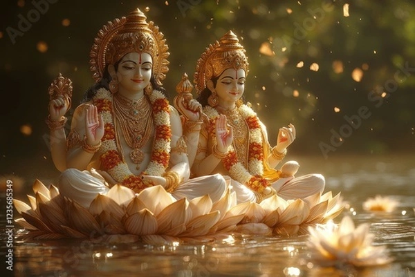 Fototapeta Lakshmi Narayan idols on lotus, water, forest background, spiritual art