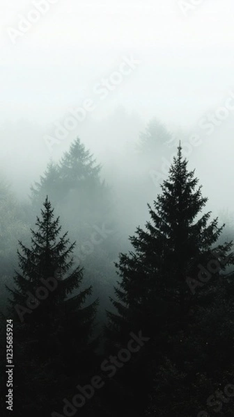 Obraz Misty Forest Landscape with Evergreen Trees in Soft Foggy Atmosphere