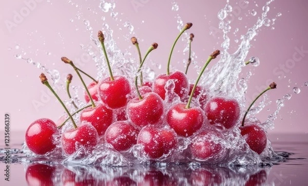 Fototapeta Fresh cherries splashing in water