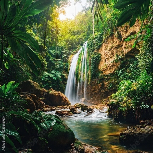Obraz Lush jungle waterfall cascading into serene pool.