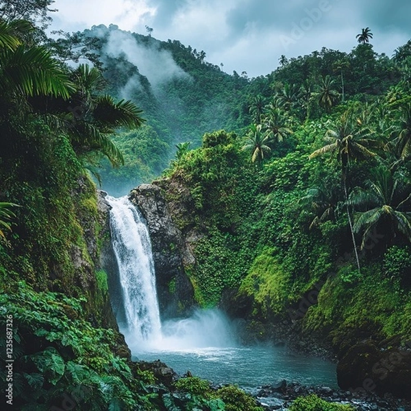 Obraz Lush rainforest waterfall cascading into a pool.