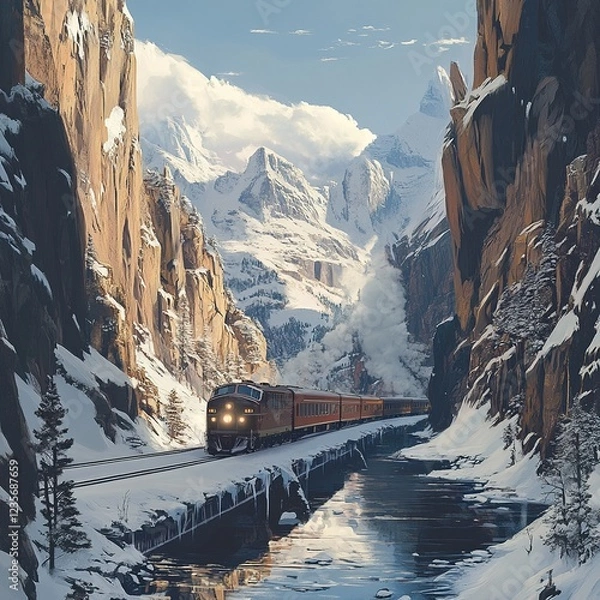 Fototapeta Train journey through snowy mountain gorge.