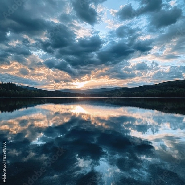 Obraz Serene lake reflecting sunset cloudscape.