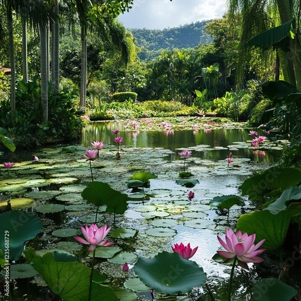 Obraz Serene pink lotus pond in lush tropical garden.