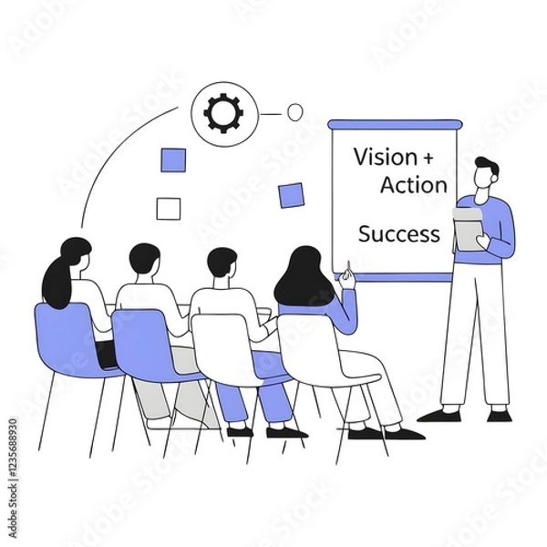 Obraz A visionary leader standing in front of a diverse team in a modern office, passionately sharing a strategic vision for the future. The team is engaged and inspired, with a large screen displaying a ro