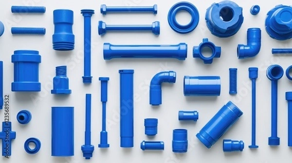 Fototapeta An assortment of blue PVC plumbing pipes and fittings, neatly scattered across a white surface in a balanced, symmetrical layout