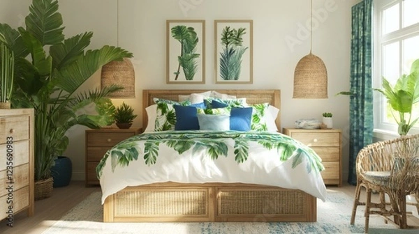 Fototapeta Tranquil Tropical Bedroom Retreat Stylish Interior Design with Natural Elements