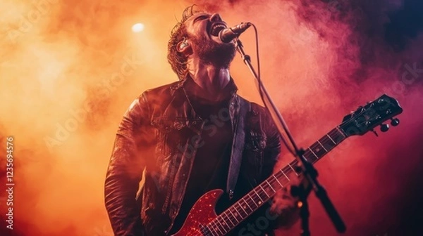 Obraz Passionate Male Guitarist Performing on Stage with Colorful Lights