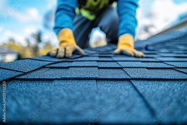Obraz Rooftop worker in safety gloves meticulously performs seasonal roof repairs and maintenance, ensuring structural integrity and leak prevention Expert roofing contractor focusing on fall and winter