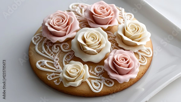 Obraz A golden cookie adorned with delicate fondant roses in soft pink and white, dusted with sparkling edible glitter, exudes elegance and romance against a crisp white background.