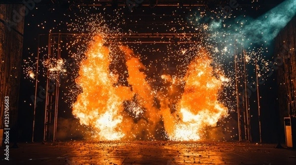 Fototapeta Dramatic Fireworks Display with Brilliant Sparks in Dark Environment