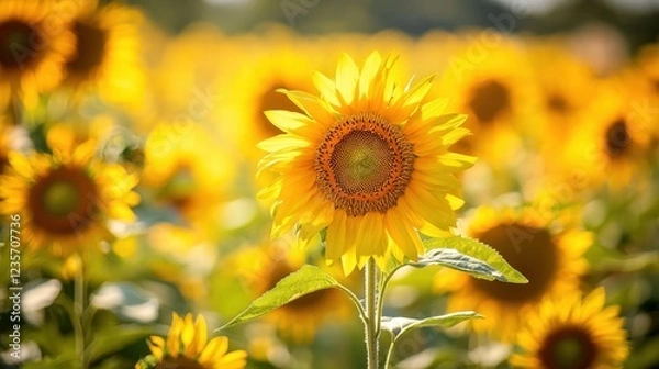 Fototapeta Vibrant Sunflower Bloom Surrounded by Lush Yellow Fields