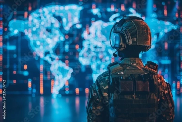 Fototapeta Soldier with tech gear map backdrop military operation global security view.