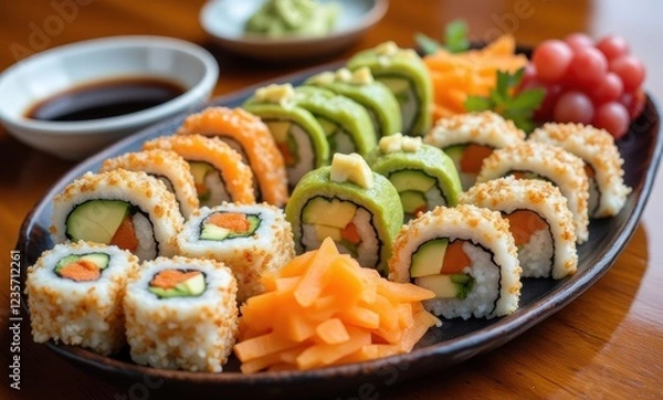 Fototapeta Colorful sushi platter with fresh ingredients