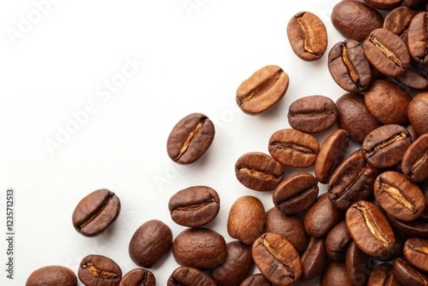 Fototapeta Aromatic roasted coffee beans scattered on a surface, their rich brown color and enticing aroma filling the frame.
