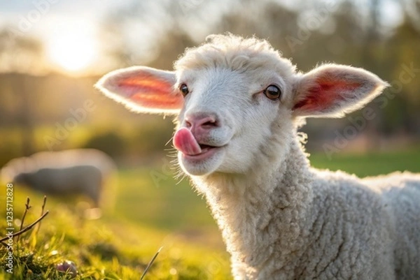 Fototapeta A charming lamb with a fluffy white coat and pink ears playfully sticks out its tongue in a close-up shot.
