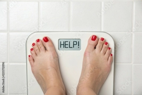 Fototapeta A woman's feet on a bathroom scale displaying "HELP!" in a close-up shot, conveying the emotional weight of a weight-loss struggle.