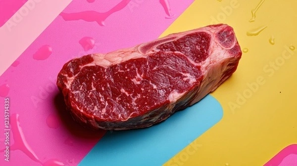 Fototapeta A succulent, raw ribeye steak takes center stage against a backdrop of bold pink, teal, and yellow hues.