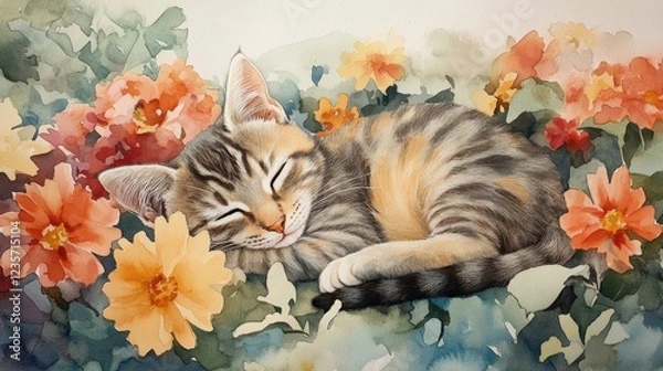 Fototapeta A charming watercolor painting of a tabby kitten peacefully sleeping amidst a vibrant array of colorful flowers, capturing a serene and heartwarming moment. 