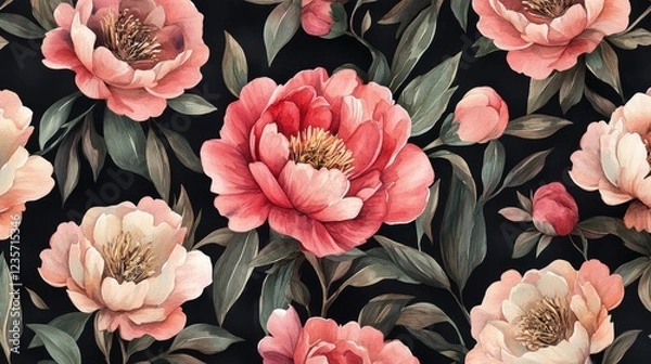 Fototapeta Delicate pink and ivory peonies bloom in a lush and vibrant tapestry, their soft petals contrasting beautifully against the rich dark background.