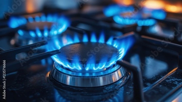 Fototapeta A close-up shot of a gas stove with two burners ignited, showcasing the mesmerizing blue flames dancing upwards, creating a captivating display of energy and heat.  