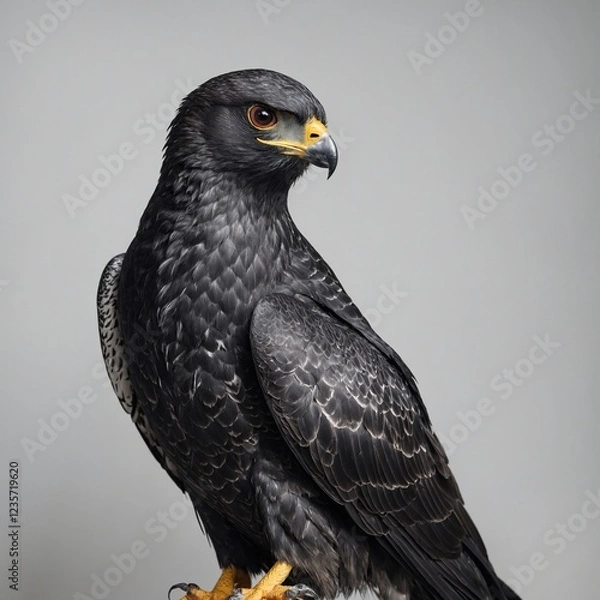 Obraz A sleek black falcon with shimmering feathers, pure white background.