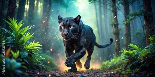 Obraz A fantastical, dark double-exposure shows a black panther running, shrouded in gloom.