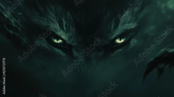 Obraz Glowing wolf eyes in dark forest, mystical fantasy art, game design