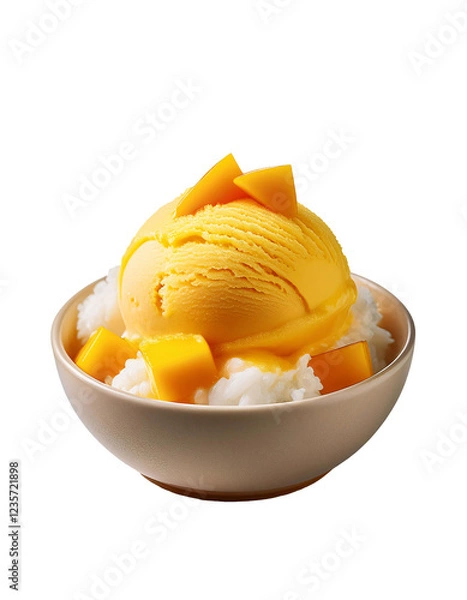 Fototapeta mango sticky rice ice cream dessert with fresh mango chunks, Thai-inspired sweet treat, on isolated background
