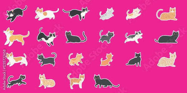 Fototapeta Collection of flat vector illustrations of cats in jumping, sitting and dancing poses on one white artboard. Perfect for cute and modern pet themed social media elements, prints or wallpapers.