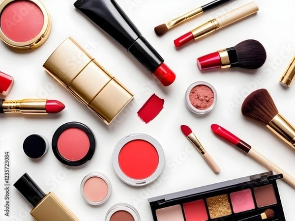 Fototapeta Flat lay of various makeup products arranged on a white background. Includes red and nude lipsticks, a gold mascara tube, compact powders, an eyeshadow palette with neutral shades, a makeup brush.