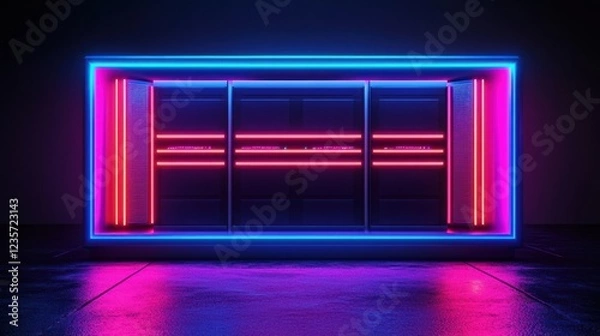 Fototapeta Neon-lit server rack in dark room, showcasing digital storage